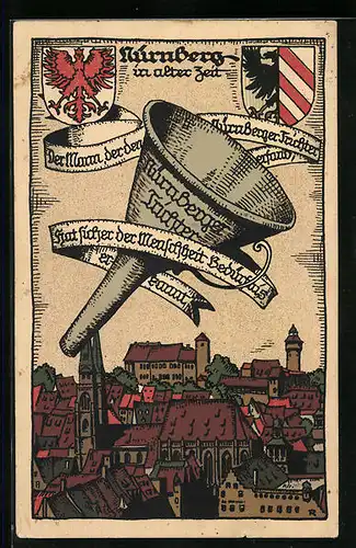 Steindruck-AK Nürnberg, Teilansicht mit Nürnberger Trichter
