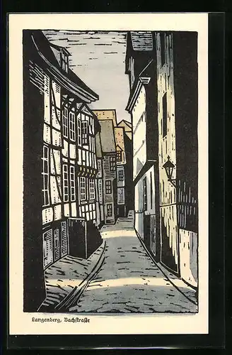 Steindruck-AK Langenberg, Bachstrasse mit Fachwerkhaus