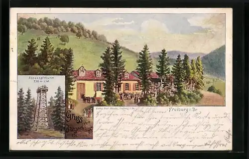 Lithographie Freiburg i. Br., Gasthof Jägerhaus, Rosskopfturm