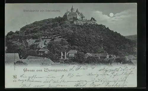 Mondschein-AK Wernigerode, Ortsansicht mit Schlossberg