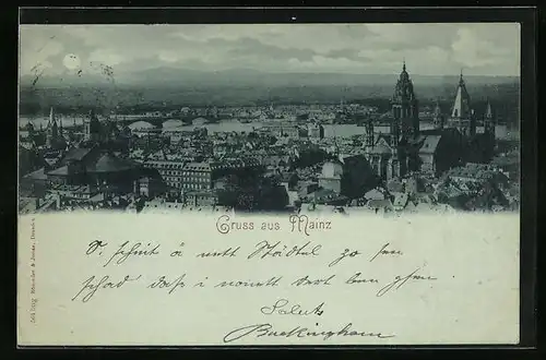 Mondschein-AK Mainz, Ortspartie mit Türmen