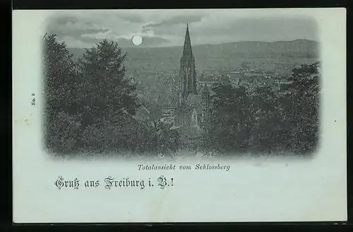 Mondschein-AK Freiburg i. B., Totalansicht vom Schlossberg