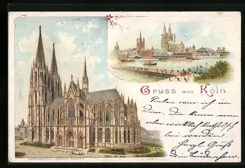 Lithographie Köln, Dom und Rheinpartie
