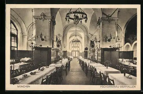 AK München, Pschorrbräu-Bierhallen mit gedeckten Tischen