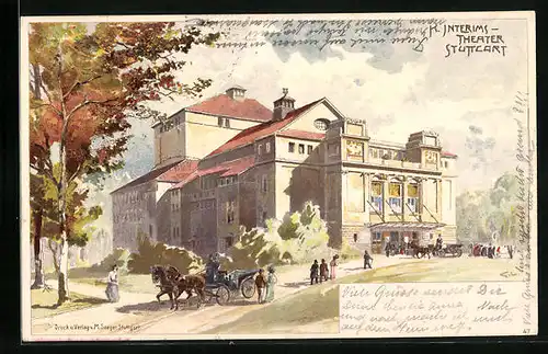 AK Stuttgart, K. Interims-Theater mit Strassenpartie