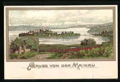 AK Mainau, Ansicht der Insel mit Bodensee