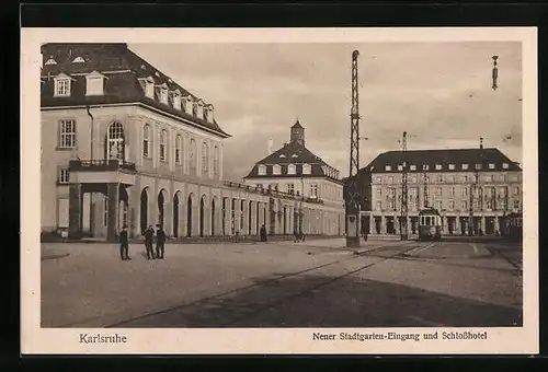 AK Karlsruhe, Neuer Stadtgarten-Eingang und Schlosshotel