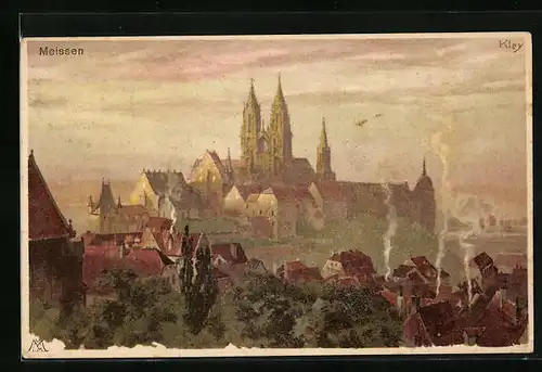 Künstler-AK Heinrich Kley: Meissen, Ortsansicht aus der Vogelschau