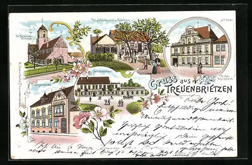 Lithographie Treuenbrietzen, Hotel Kerstein, Pfefferkorns Garten, St. Nikolaikirche, Schützenhaus, Postgebäude