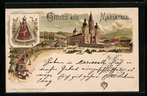 Vorläufer-Lithographie Mariazell, 1892, Ansicht der Wallfahrtskirche, Gnadenmutter