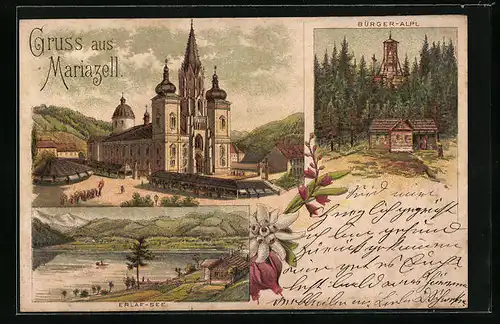 Vorläufer-Lithographie Mariazell, 1894, Wallfahrtskirche, Erlaf-See, Gasthaus Bürgeralpl