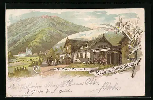 Lithographie Maria Schutz am Semmering, Gasthaus von A. Prasch