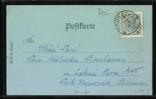 Mondschein-Lithographie Schwechat, Bräuhaus mit Kirche, Pfarrkirche, Farbenfabrik