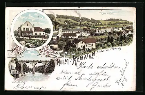 Lithographie Hilm-Kematen, Gasthof, Ortspartie mit Industriegebiet, Ybbsbrücke