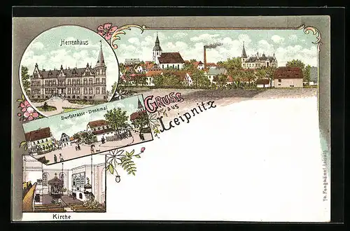 Lithographie Leipnitz, Herrenhaus, Dorfstrasse-Denkmal, Kirche, Totalansicht