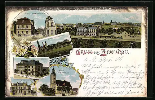 Lithographie Zwenkau, Pegauer Platz mit Marktstrasse, Schule, Rathaus, Kirche mit Kriegerdenkmal