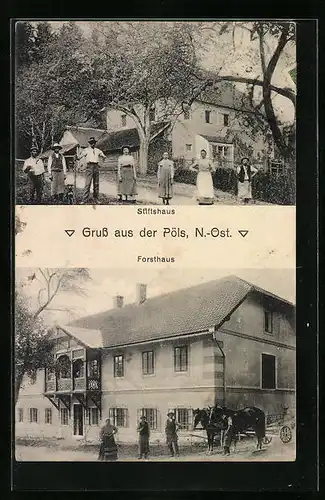 AK Pöls, Passanten vor dem Stiftshaus, Gasthof und Forsthaus
