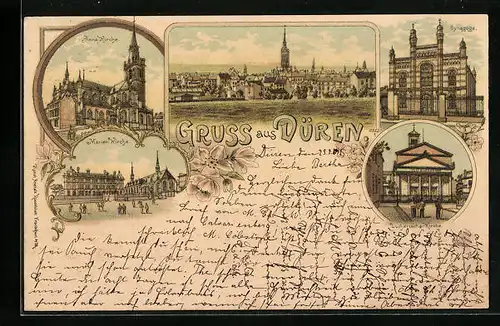 Lithographie Düren, Anna Kirche, Synagoge, Marienkirche, Lutherische Kirche, Totalansicht