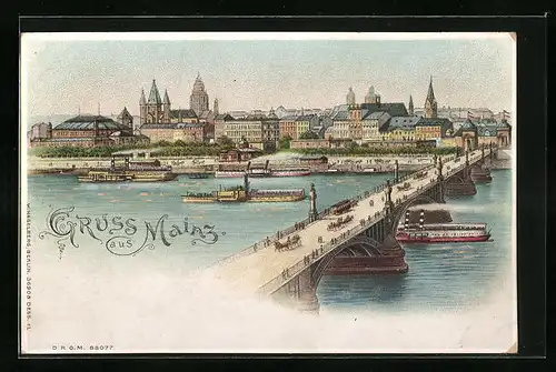 Lithographie Mainz, Gesamtansicht mit leuchtenden Fenstern der Gebäude, Halt gegen das Licht