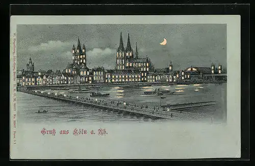 Mondschein-AK Köln, Altstadt mit leuchtenden Fenstern der Gebäude, Halt gegen das Licht