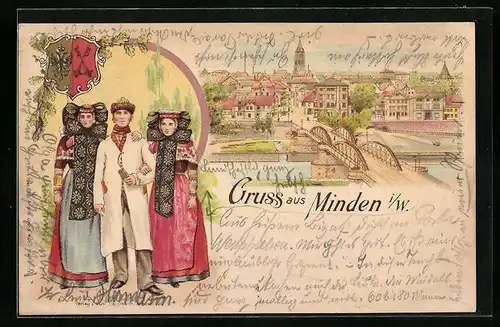 AK Minden i. W., Ortsansicht mit Mindener in Tracht