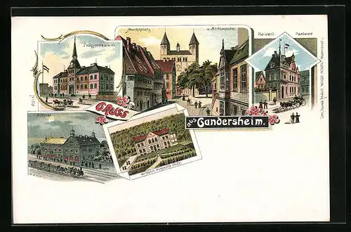 Lithographie Gandersheim, Ortsansicht mit Marktplatz