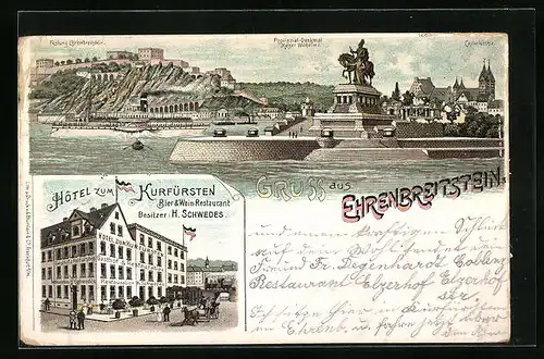 Lithographie Ehrenbreitstein, Ortsansicht mit Festung
