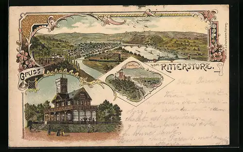 Lithographie Koblenz, Rittersturz mit Panorama