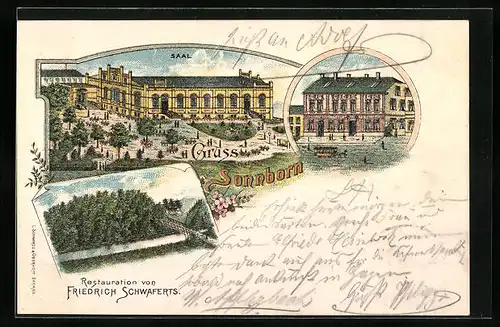 Lithographie Sonnborn, Ortsansicht mit Saal und Restauration