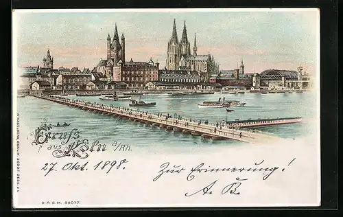 Lithographie Köln a. Rh., Uferpartie mit Dom u. Brücke, Halt gegen das Licht