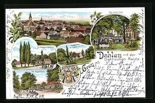 Lithographie Dahlen /Dahlische Haide, Gasthaus weisses Haus, Gasthaus Waldschänke an dem Reudnitz, Forsthaus