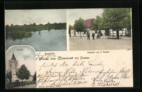 AK Wünsdorf bei Zossen, Gasthof von F. Becker, Kirche, Seeansicht