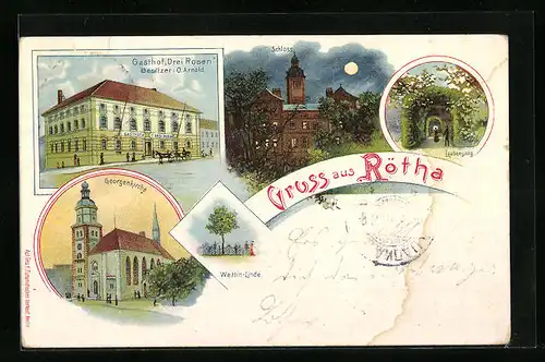 Lithographie Rötha, Gasthof Drei Rosen, Schloss bei Mondschein, Georgenkirche