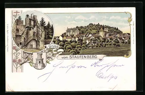 Lithographie Staufenberg, Teilansicht, Aussichtsturm i. d. Ruine