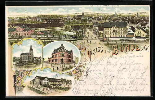 Lithographie Bünde i. W., Hotel, Kirche, Gebäudeansicht