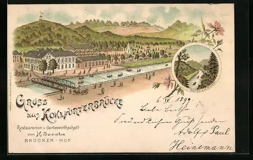 Lithographie Kohlfurterbrücke, Restaurant u. Gartenwirtschaft Brücker-Hof, Partie an der Wupper