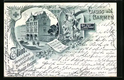Lithographie Barmen, Elim Vereinshaus u. Buchhandlung des Blauen Kreuzes, Parlamentstrasse 21, Engel mit Schild u. Lanze