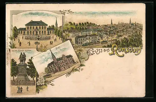 Lithographie Ronsdorf, Rathaus, Post, Kaiser-Krieger-Denkmal