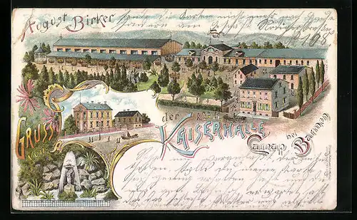 Lithographie Carnap bie Barmen, Kaiserhalle, Strassenpartie mit Gebäudeansicht, Brunnen