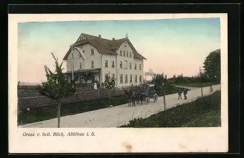 AK Altlöbau i. S., Gasthaus Zum heiteren Blick mit Pferdewagen