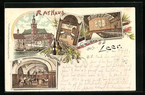 Lithographie Leer, Innenansichten des Bahnhofsrestaurants W. Buchholz, Rathaus