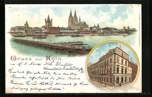 Lithographie Köln, Hotel Vier Jahreszeiten, Uferpartie mit Dom