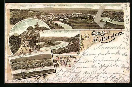 Lithographie Koblenz, Blick auf den Ort v. Ehrenbreitstein, Ansicht vom Rittersturz, Blick auf Horchheim