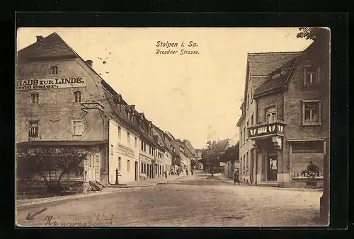 AK Stolpen i. Sa., Dresdner Strasse mit Gasthaus zur Linde