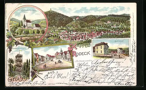 Lithographie Kappel-Rodeck i. Schwarzwald, Schloss Rodeck, Aussichtsturm, Bahnhof
