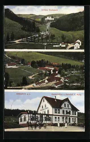 AK Marbach a. L., Restaurant zum Bahnhof, Schloss Grafeneck, Königliches Landesgestüt