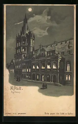 Lithographie Köln, Rathaus bei Mondschein, Halt gegen das Licht