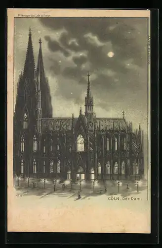 Lithographie Köln, Der Dom bei Monschein, Halt gegen das Licht