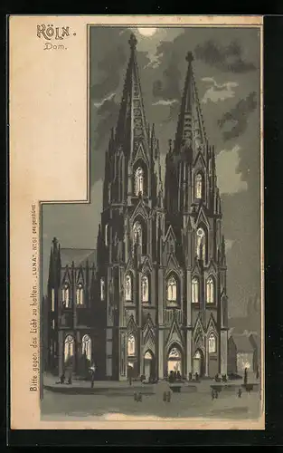 Lithographie Köln, Dom bei Mondschein, Halt gegen das Licht