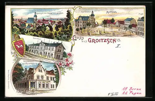 Lithographie Groitzsch i. S., Rathaus mit Marktplatz und Post